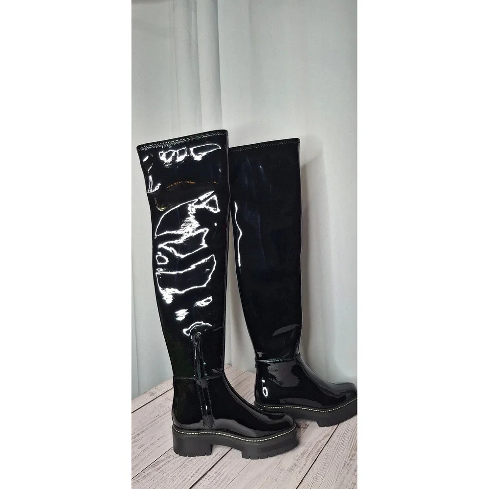 Sam Edelman Lydia Black Patent Over The Knee Lug Sole Boots I3399S1001  6.5M *